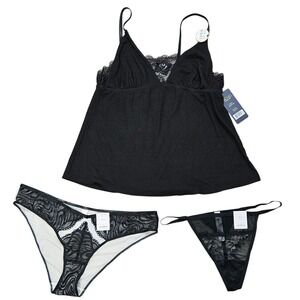 Rachel Roy Auden Lingerie Set Black Ribbed Cami Lace Cheeky Thong Large 3pc NEW